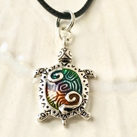 Silver Sea Turtle Pendant Necklace Colorful Enamel Sea Life Nautical Plated - Picture 3 of 9